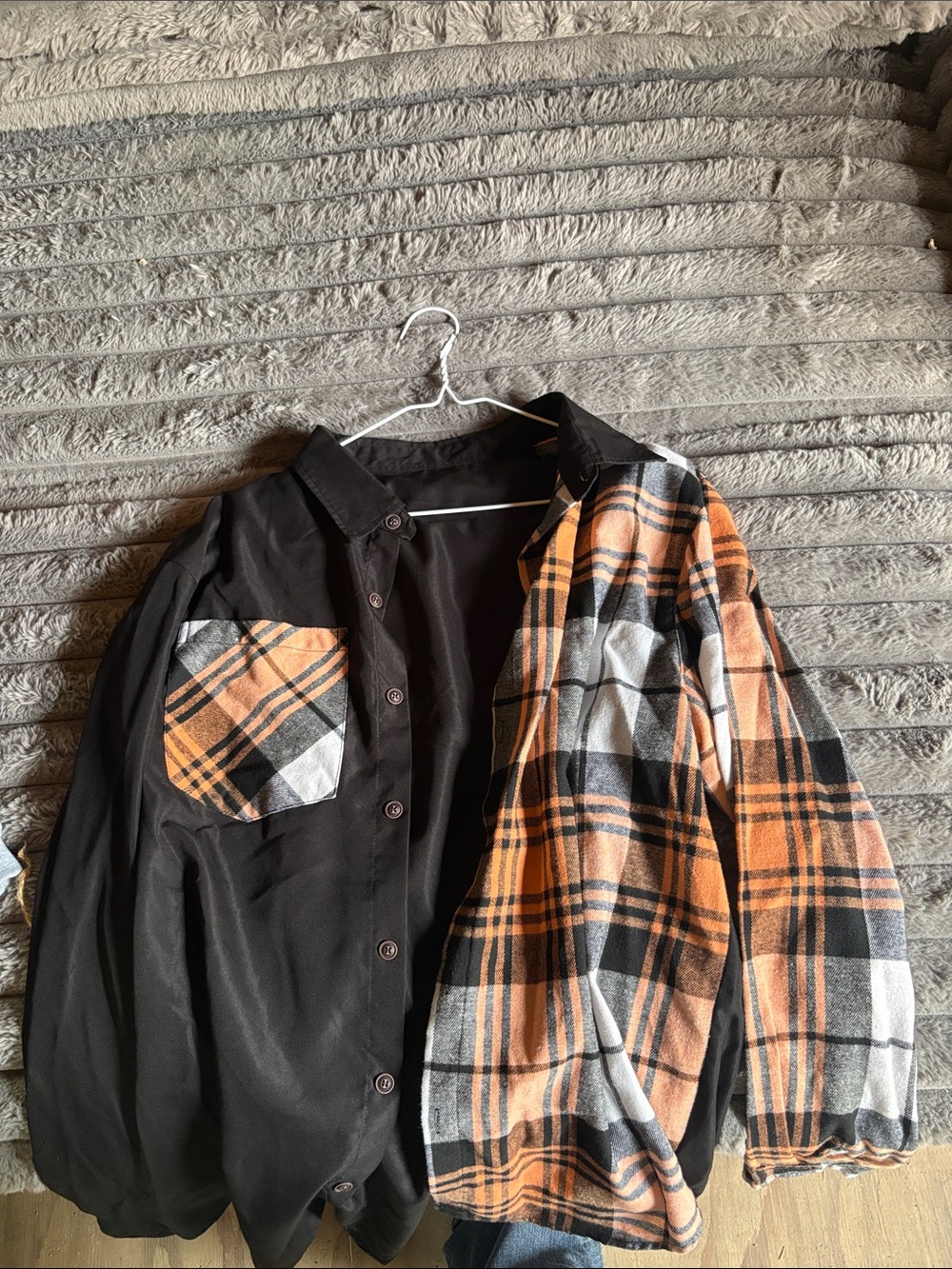 SHEIN Black Shirt Jacket with Orange and Gray Plaid Panels
